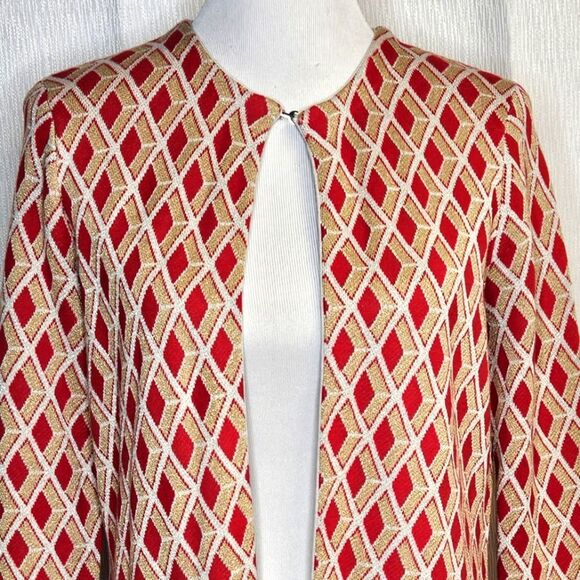 J. McLaughlin Fontaine Red Gold Metallic Diamond Knit Holiday Open Front Sweater - Picture 1 of 9